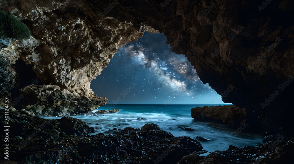 A photo of the Sea Caves, Agia Napa, Cyprus, with a backdrop of a starry night sky, during a nocturnal exploration