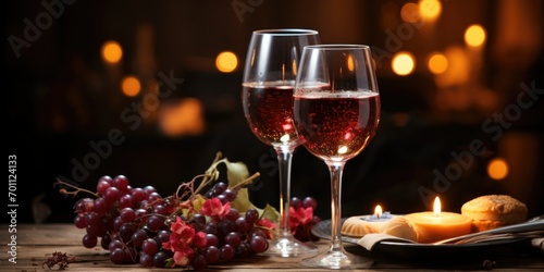 Sweet celebration  Lovers  romantic dinner with two glasses of red wine. Soft candlelight  