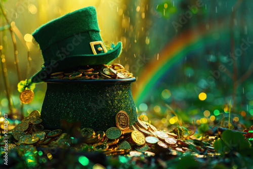 Saint Patricks Day. Pot Full of Golden Coins, Green Hat and Shamrock