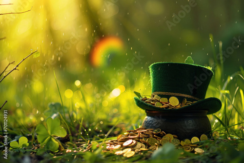 Saint Patricks Day. Pot Full of Golden Coins, Green Hat and Shamrock