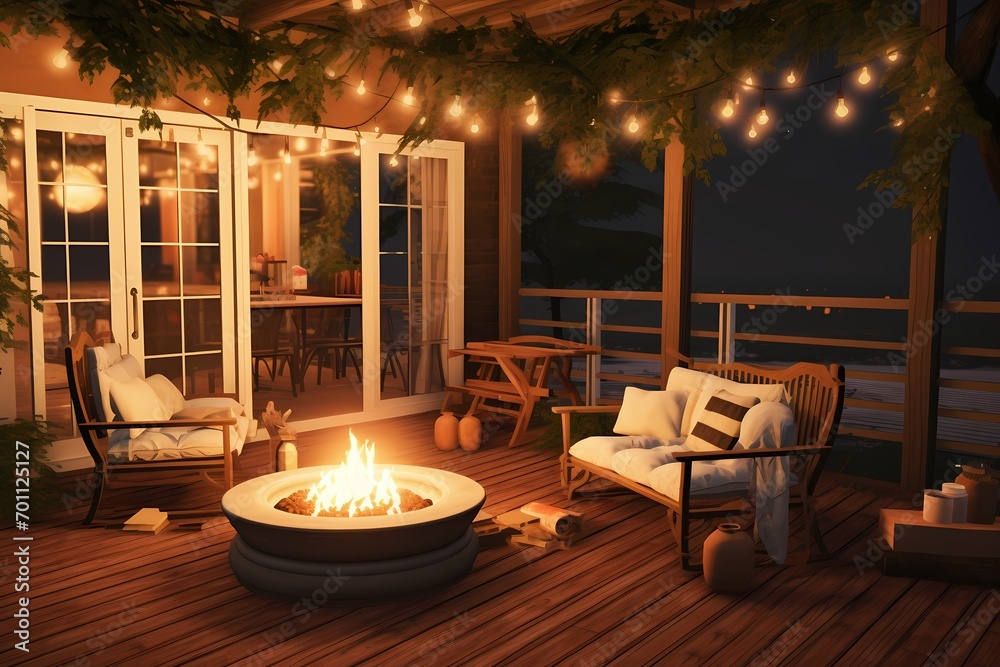 A veranda with a cozy fire pit, perfect for gathering around on cool evenings and enjoying the warmth and company.