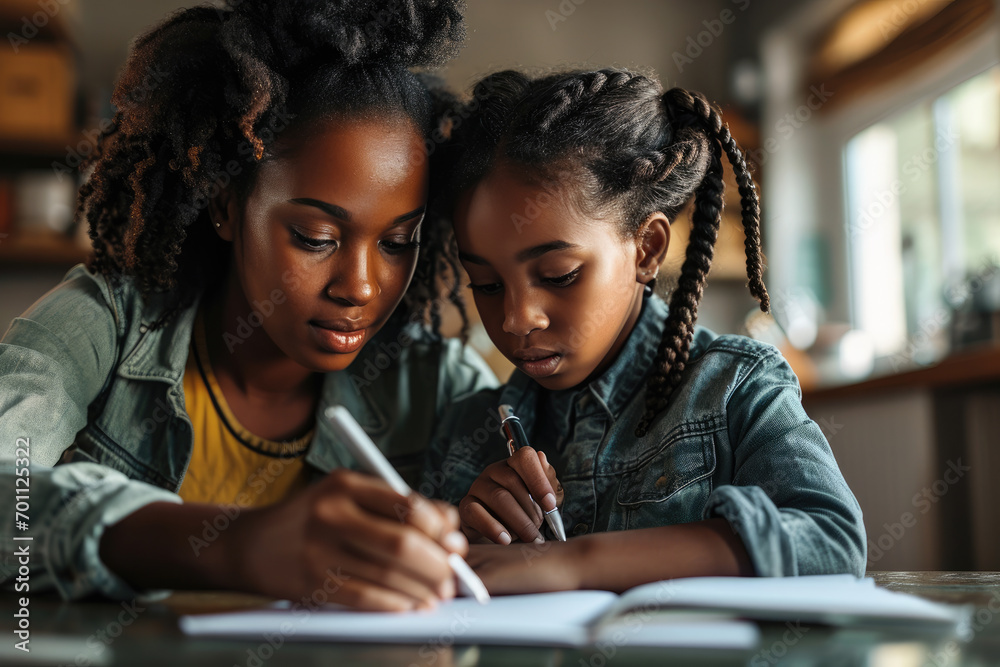Mother Assisting Daughter with Schoolwork Mother Assisting Daughter with Schoolwork