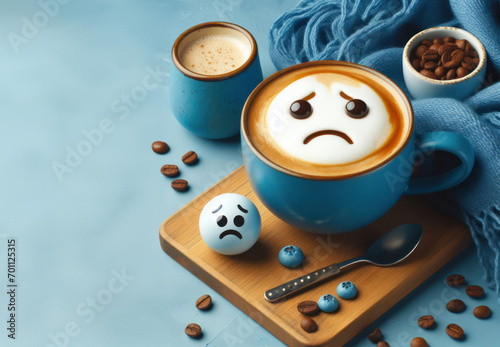 Blue Monday concept. Blue coffee cup with cappuccino coffee and blue scarf
