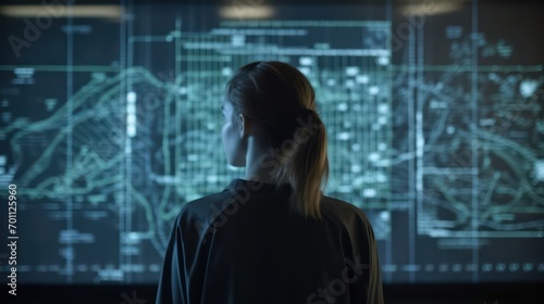 Portrait of Young Woman standing Looking at a very Big Digital Screen from the ground up Displaying Back-end Code Lines. Professional Programmer Developing a Big Data Interface Software Project