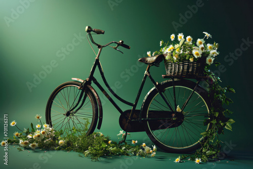 Bicycle With Beautiful Flower Basket on vintage background. World bicycle day