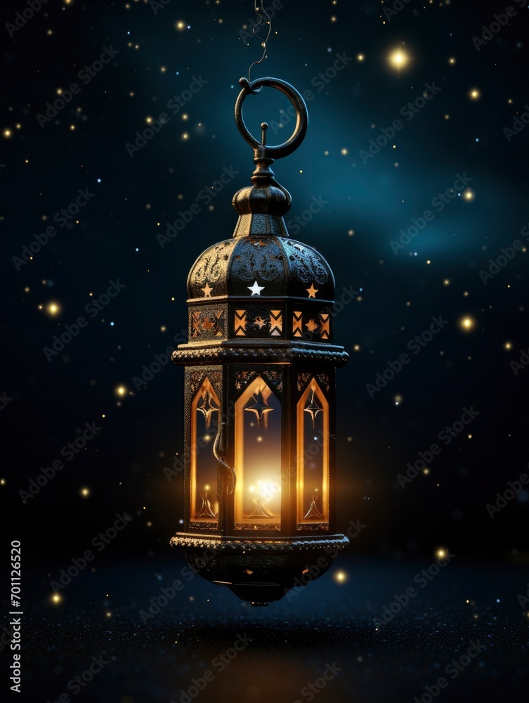 islamic lantern on night dark sky with light stars on bid moonlight 64k 3D, copy space with generative ai