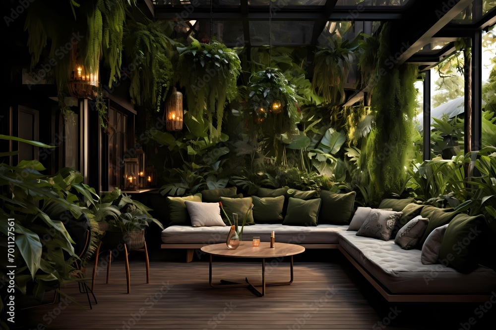 A veranda with a hanging plant wall, lush with greenery and cascading foliage, bringing a sense of natural beauty to the space.