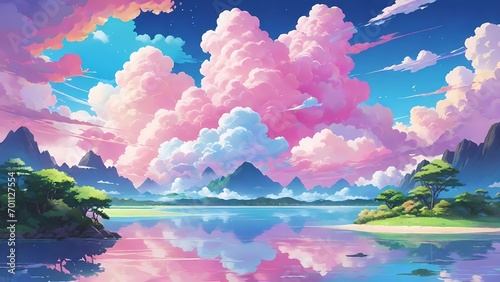 The image is a picturesque landscape depicting a calm reflective lake, surrounded by mountains and trees, under a pink and blue sky with soft, fluffy clouds, conveying an atmosphere of peace and seren