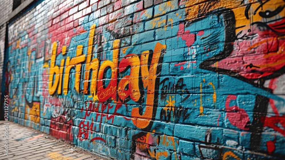 Graffiti Birthday: A graffiti-style mural with bold and bright colors spelling out birthday wishes and messages. simple cartoon happy birthday background with the inscription 