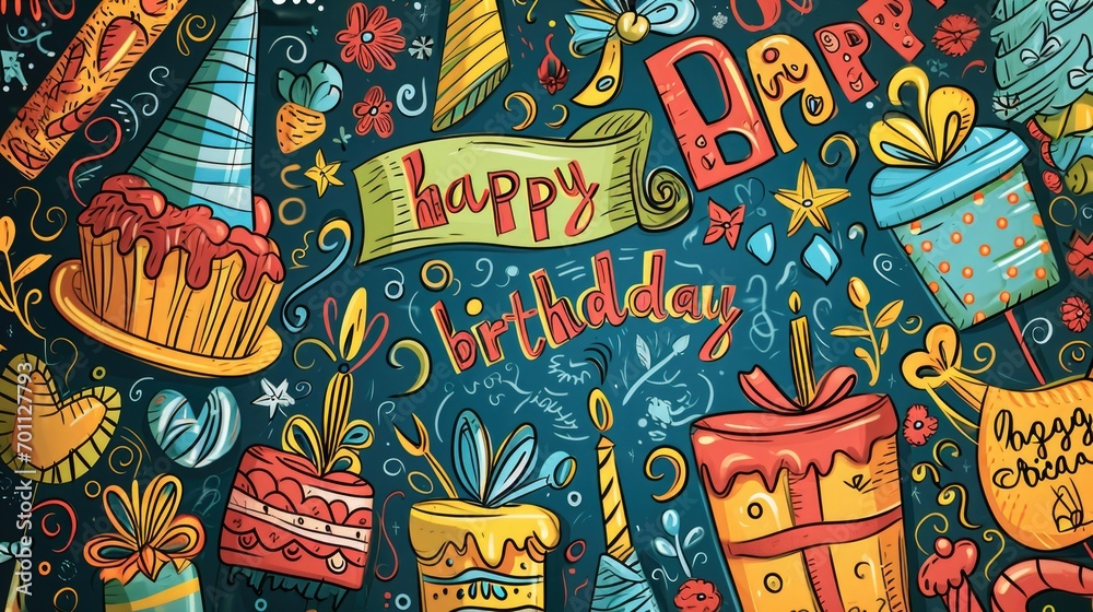 A playful illustration featuring doodles of birthday hats, cakes, and presents in a colorful, chaotic arrangement. simple cartoon happy birthday background with the inscription 