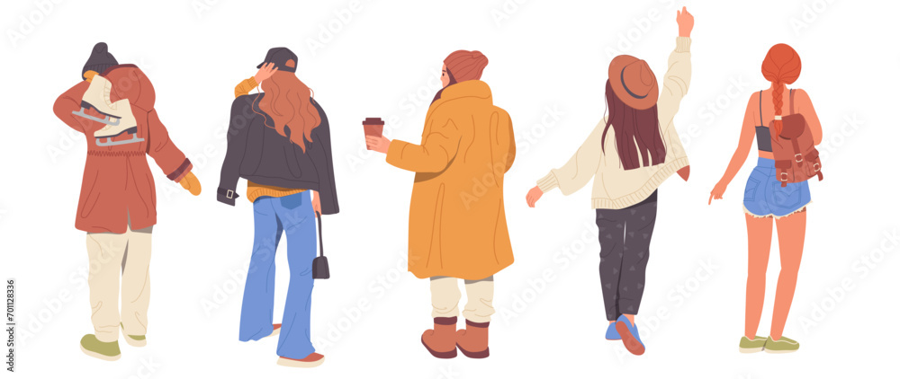 Back view set with urban women cartoon characters wearing trendy outfit for different season Back view set with urban women cartoon characters wearing trendy outfit for different season