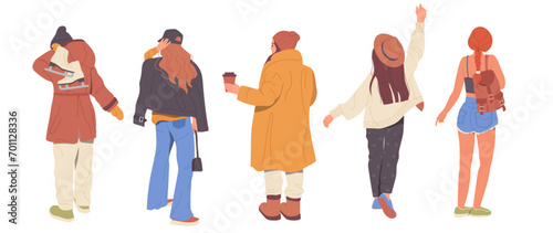 Back view set with urban women cartoon characters wearing trendy outfit for different season