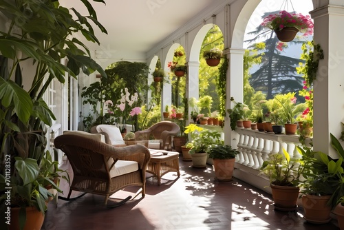 A veranda with a row of potted plants, adding a touch of freshness and natural beauty to the space. © CREATER CENTER
