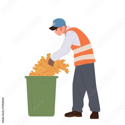 Communal cleaning service worker cartoon character throwing fallen dry foliage into trashcan