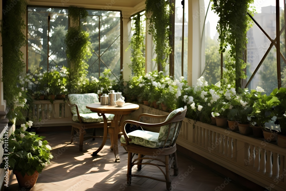 A veranda with a small herb garden, filling the air with the delightful scents of fresh basil and mint.
