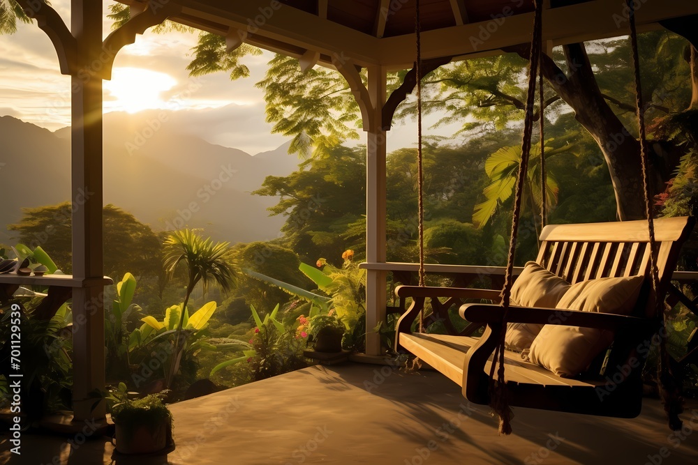 A veranda with a wooden bench swing, inviting you to sway gently and enjoy the peaceful surroundings.
