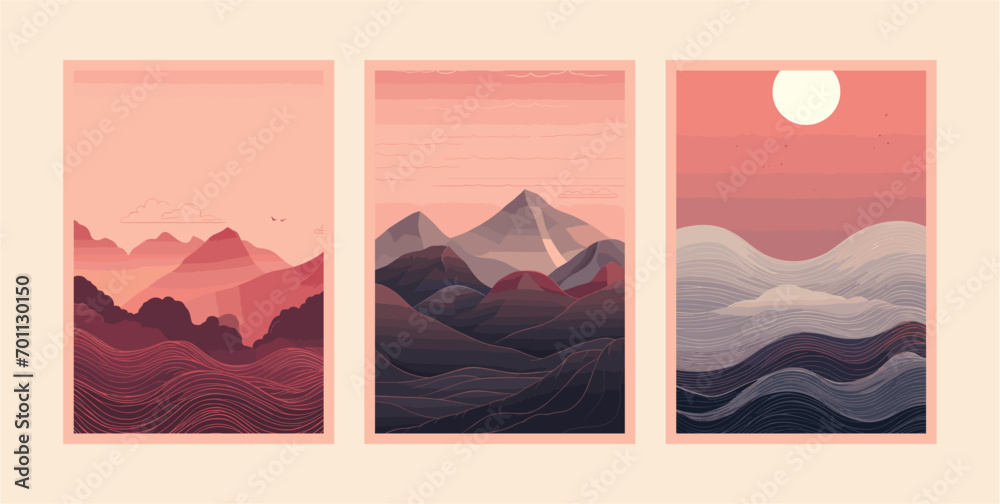 Set of Abstract mountain landscape posters. Minimal nature sun moon print design boho style, contemporary wall decor. Vector set - obrazy, fototapety, plakaty 