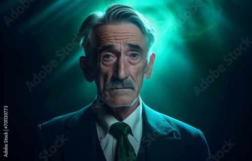 Old Businessman in ominous green light - Serious Senior CEO with Grey Hair and Professional Attire Reflecting on Corporate Leadership and Legal Strategy
