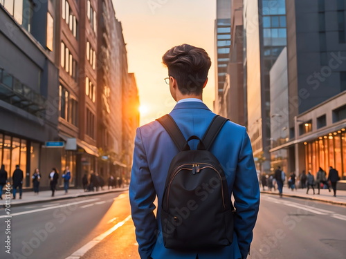 person with backpack walking on the street generative AI