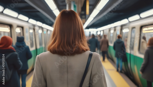 Fototapeta Naklejka Na Ścianę i Meble -  Woman from behind standing at busy subway with blurry people around. Public transport people travel commute city urban concept