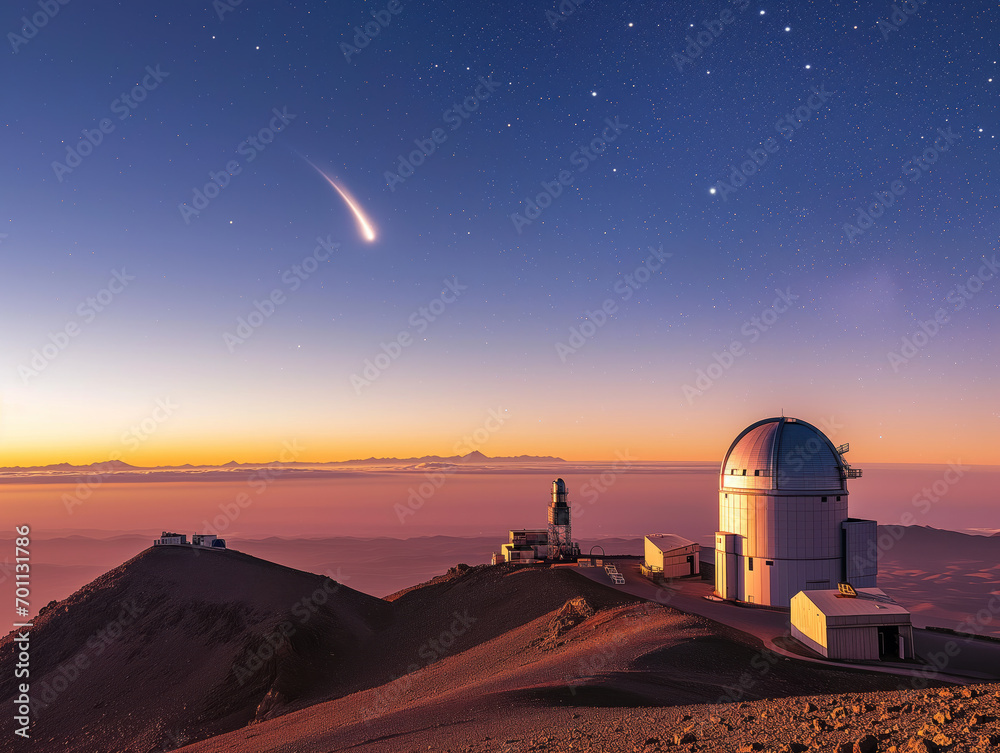 Majestic Observatory Under Starry Sky with Comet Tail at Twilight