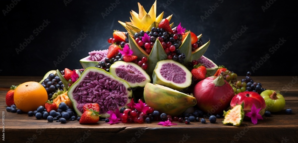 A vibrant mix of dragon fruit, star fruit, and grapes arranged in a pyramid on a rustic wooden board