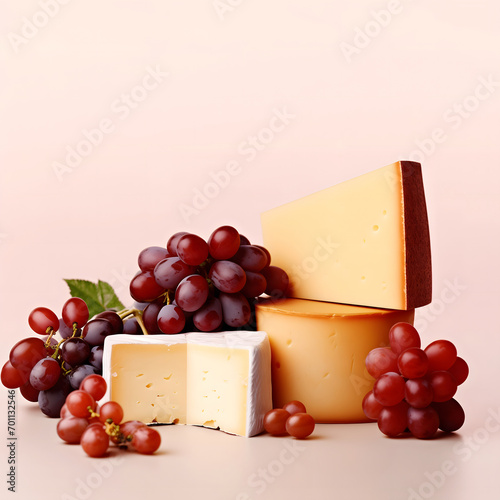 soft French cheese and grapes isolated on a light background