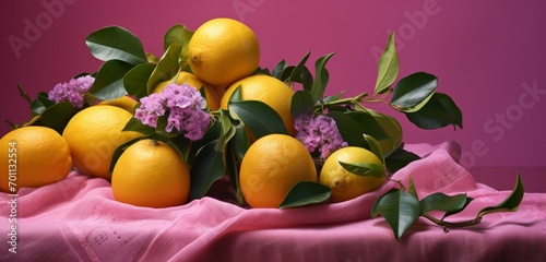 An elegant arrangement of bergamot, calamondin, and chinotto on a pastel magenta cloth photo