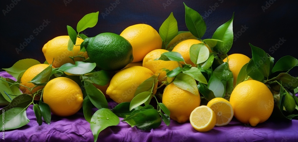 A collection of bright yellow lemons and dark green limes, artistically arranged on a pastel lavender cloth, highlighting their fresh, citrus textures