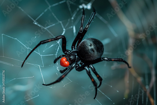 a black spider holding a red heart