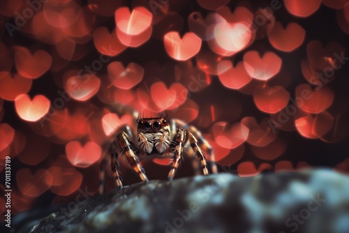 Cute jumping spider on a red heart bokeh background