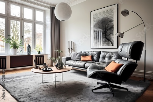 Chic mid-century Copenhagen living room with iconic furniture, a statement rug, and large windows for natural light