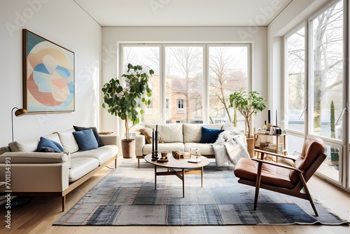 Chic mid-century Copenhagen living room with iconic furniture  a statement rug  and large windows for natural light