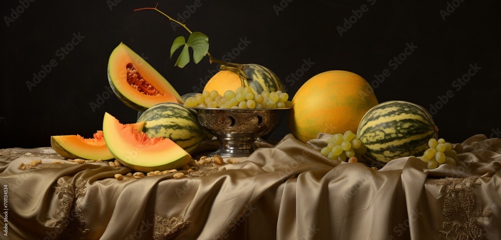 A sophisticated arrangement of casaba melon, crenshaw melon, and Persian melon on a pastel gold cloth