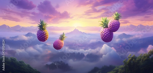 A pastel purple mango, a bright yellow strawberry, and a forest green pineapple, sky-high view, aerial Impressionism, ultra HD 32K photo