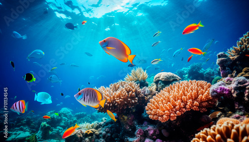 Underwater world, beautiful bright fish swimming in blue water between corrals © Irène