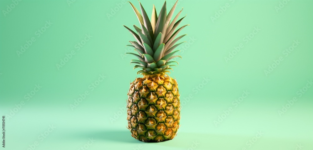 A plump pineapple, side-angle, realistic Agfa Vista 400 look, against a light green surface, with diffused and soft lighting.