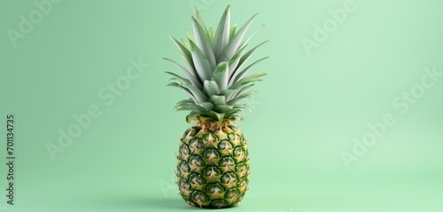 A plump pineapple, side-angle, realistic Agfa Vista 400 look, against a light green surface, with diffused and soft lighting.
