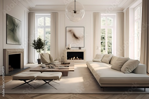 Chic modern classic minimalist living room with iconic furniture  a muted color palette  and large windows for natural light