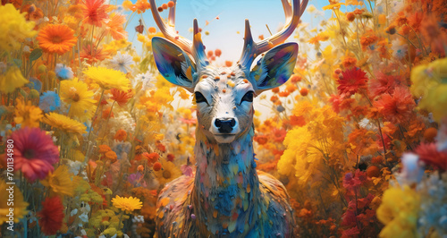 deer in the forest of flowers, ai generated.