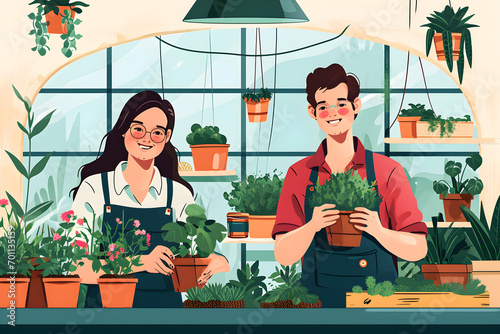 Flat vector illustration, man with down syndrome and woman smiling and holding plants while working in greenhouse , White background

