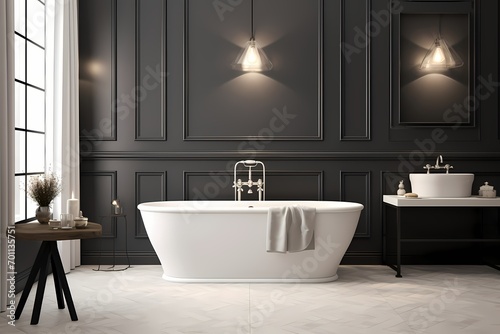 Chic modern classic minimalist bathroom interior featuring a stylish bathtub  monochromatic tiles  and thoughtful lighting
