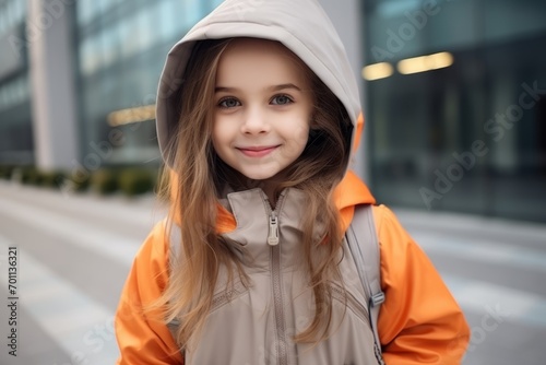 portrait of a beautiful little girl in an orange coat on the street