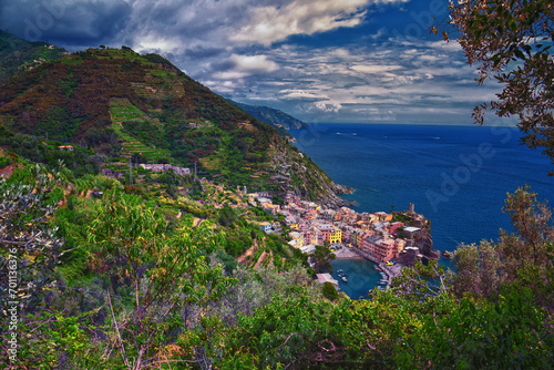 Fototapeta Naklejka Na Ścianę i Meble -  Cinque Terre views from hiking trails of seaside villages on the Italian Riviera coastline. Liguria, Italy, Europe. 2023 Summer. 