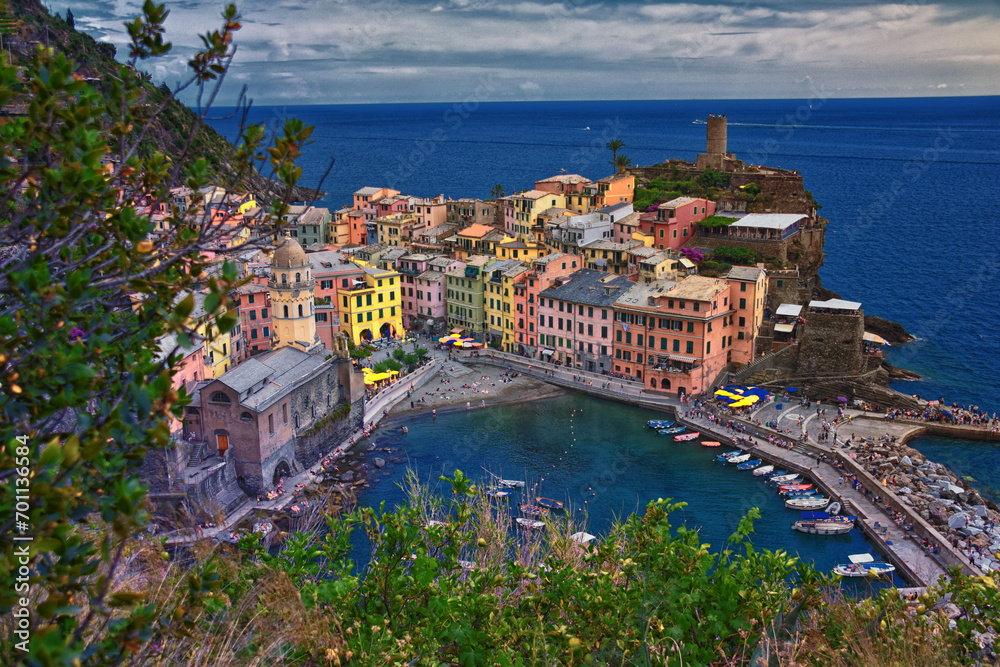 Cinque Terre views from hiking trails of seaside villages on the Italian Riviera coastline. Liguria, Italy, Europe. 2023 Summer. 