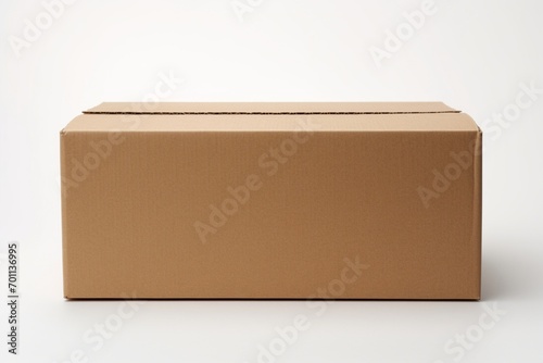 Empty cardboard box with blank label, on a solid white background, box with the lid completely removed, © Hanzala