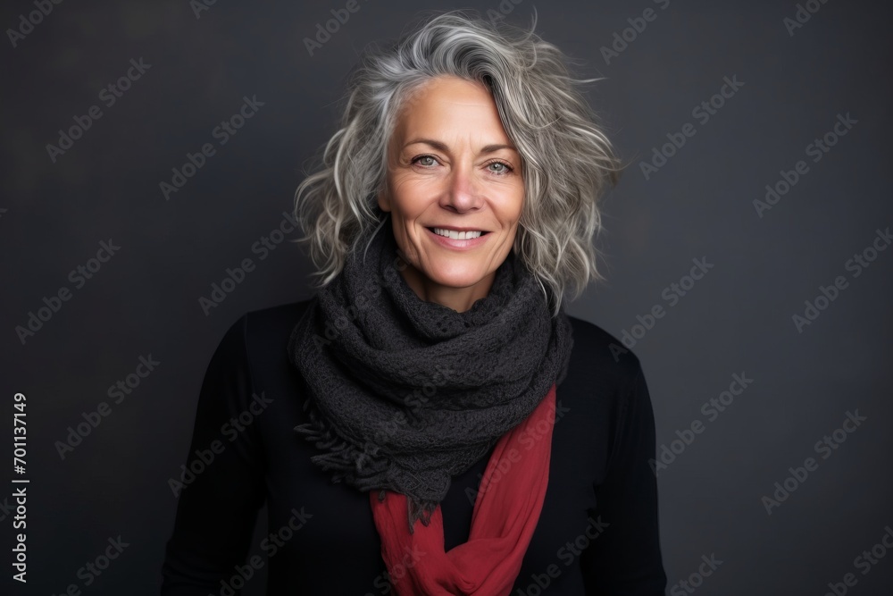 Portrait of a happy senior woman with grey hair and red scarf Portrait of a happy senior woman with grey hair and red scarf