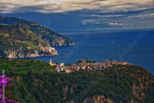 Cinque Terre views from hiking trails of seaside villages on the Italian Riviera coastline. Liguria, Italy, Europe. 2023 Summer. 