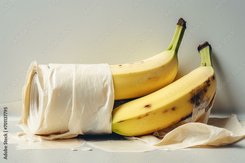 Realistic watercolor painting of banana duct taped to white wall