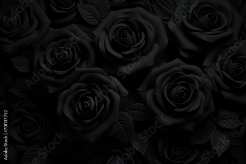 Black roses and leaves cluster together, enveloped in mystery and accentuated by subtle lighting, exuding an aura of elegance and intrigue. #701137752